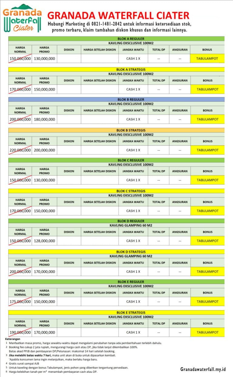 Pricelist Brosur Harga Kavling Granada Waterfall Ciater